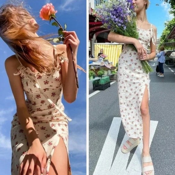 Zara Linen Blend Tie Shoulder Midi Dress Pink Floral High Slit Blogger Favorite - Picture 1 of 9